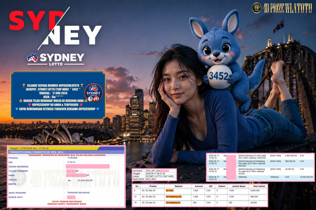 4DPRIZEWLATOTO JACKPOT SYDNEY LOTTO (TIAP HARI) β 3452 β Rp 10.000.000,- LUNAS