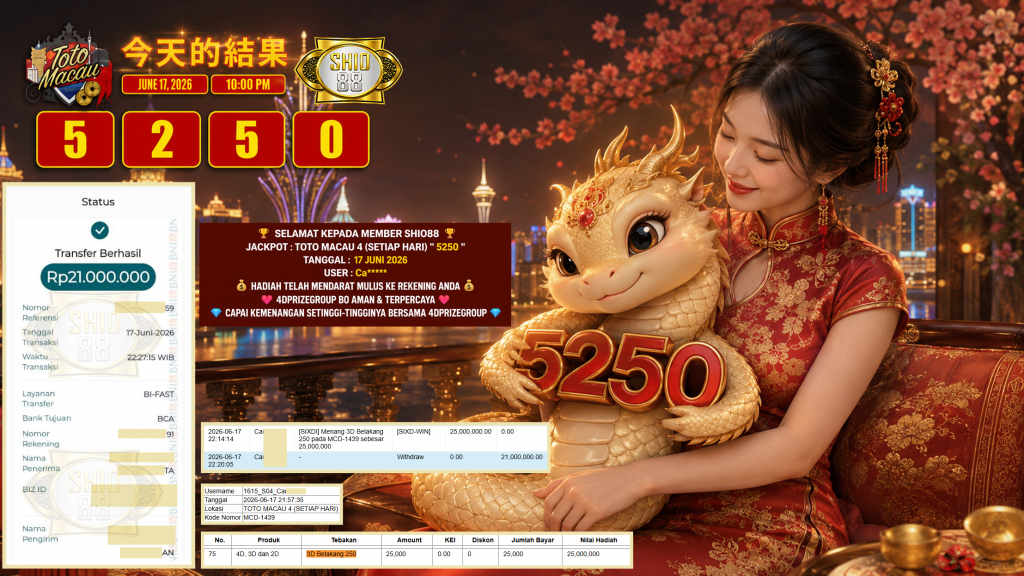 SHIO88 JACKPOT TOTO MACAU 4 (SETIAP HARI) ” 5250 ” Rp 21.000.000,- LUNAS