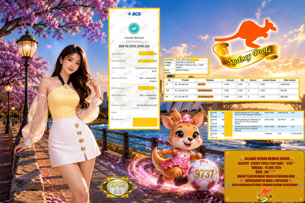 SHIO88 JACKPOT SYDNEY POOLS (TIAP HARI) ” 9737 ” Rp. 10.500.000 ,- LUNAS