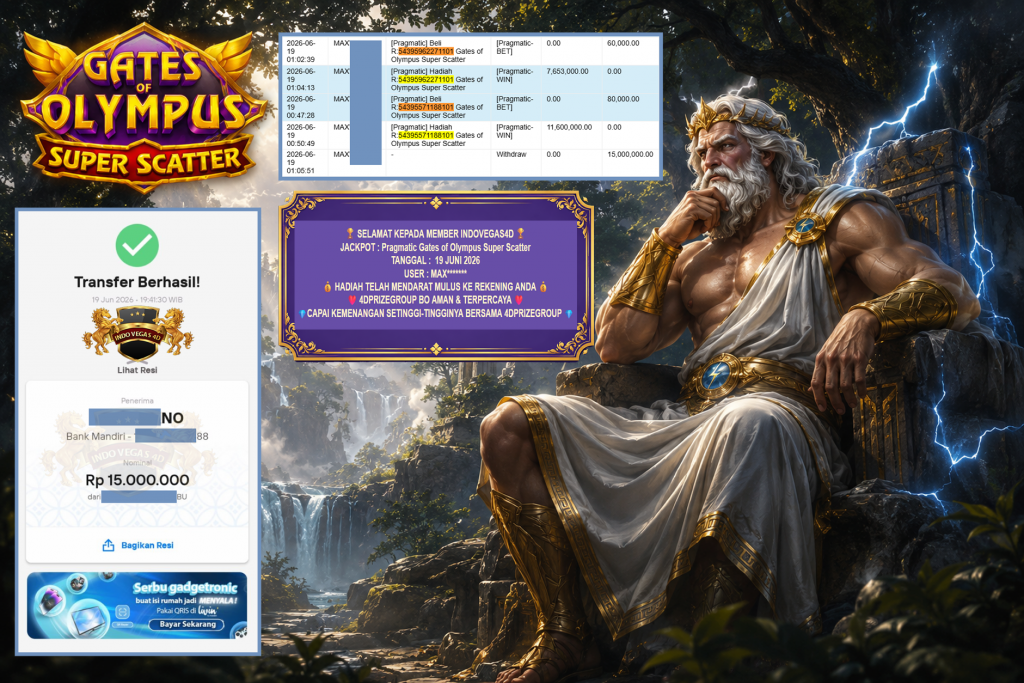 INDOVEGAS4D JACKPOT PRAGMATIC ” Gates of Olympus Super Scatter ” Rp 15.000.000 ,- LUNAS