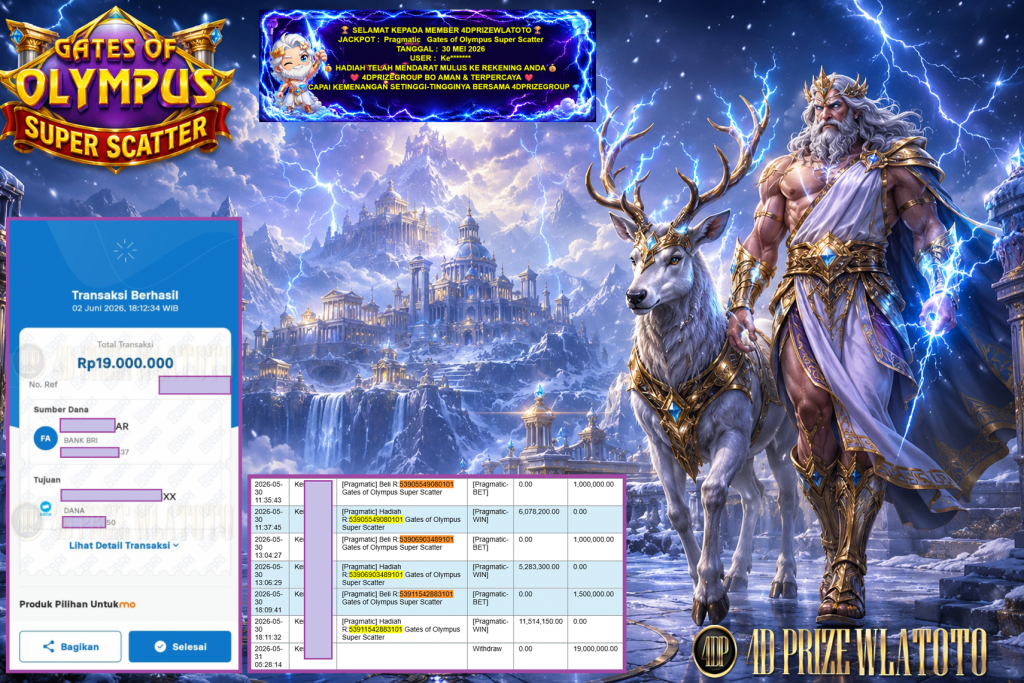 4DPRIZEWLATOTO JACKPOT PRAGMATIC ” Gates of Olympus Super Scatter ” Rp 19.000.000,- LUNAS