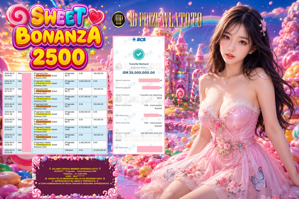 4DPRIZEWLATOTO JACKPOT PRAGMATIC ” Sweet Bonanza 2500 ” Rp 25.000.000,- LUNAS