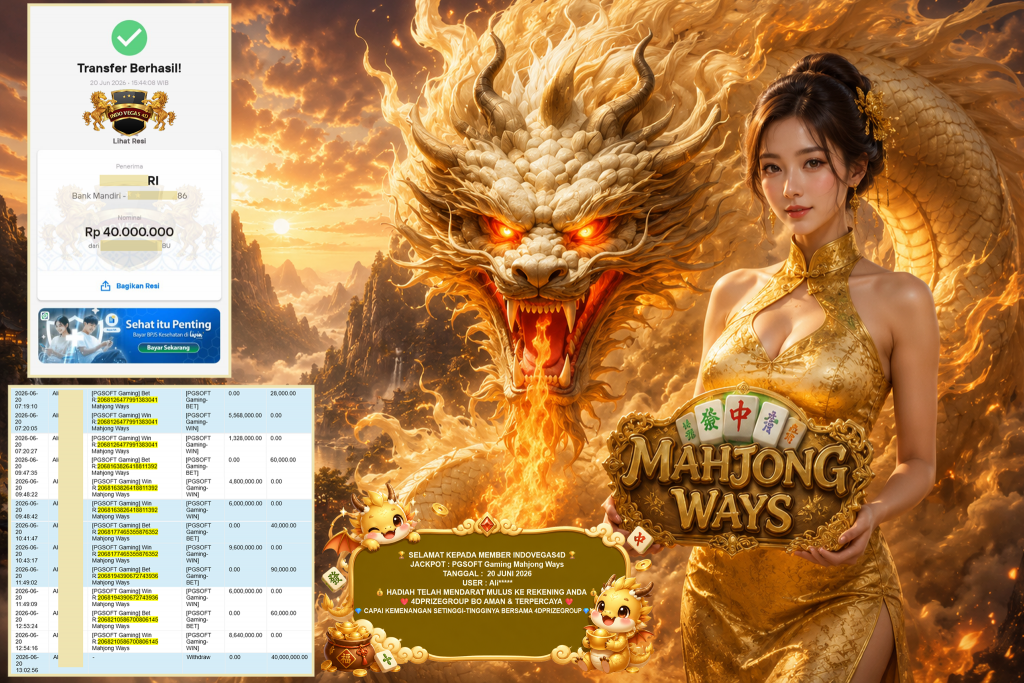 INDOVEGAS4D JACKPOT PGSOFT Gaming ” Mahjong Ways “ Rp 40.000.000 ,- LUNAS