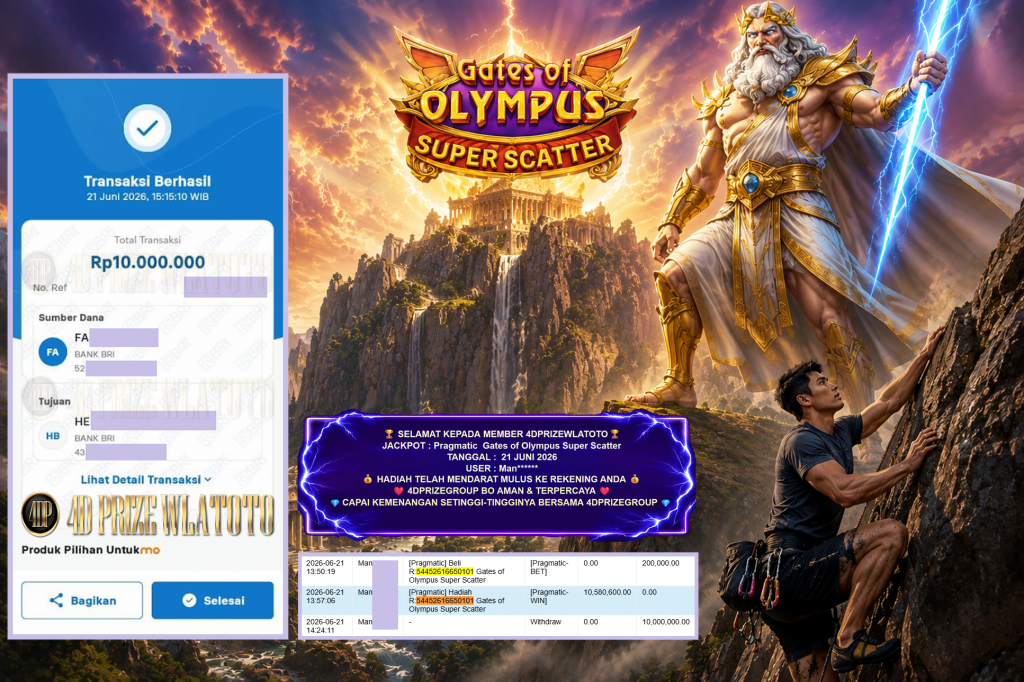 4DPRIZEWLATOTO JACKPOT PRAGMATIC ” Gates of Olympus Super Scatter ” Rp 10.000.000 ,- LUNAS