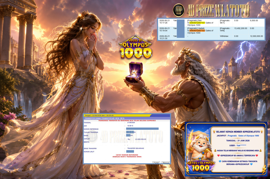 4DPRIZEWLATOTO JACKPOT PRAGMATIC ” Gates of Olympus 1000 ” Rp 12.000.000 ,- LUNAS