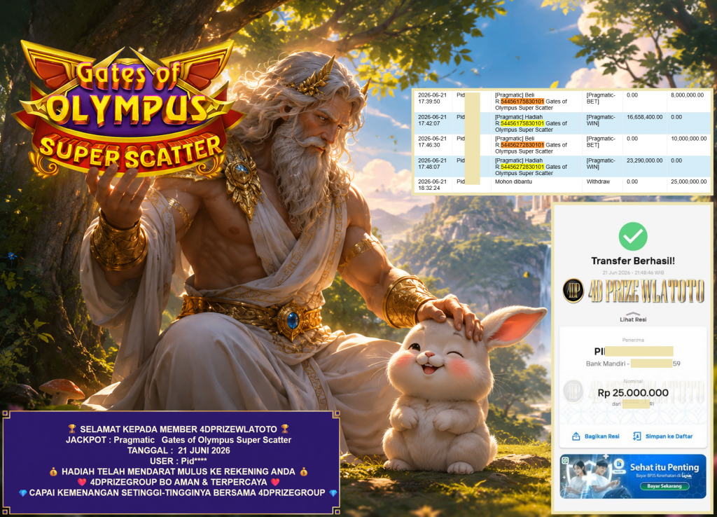 4DPRIZEWLATOTO JACKPOT PRAGMATIC ” Gates of Olympus Super Scatter ” Rp 25.000.000 ,- LUNAS