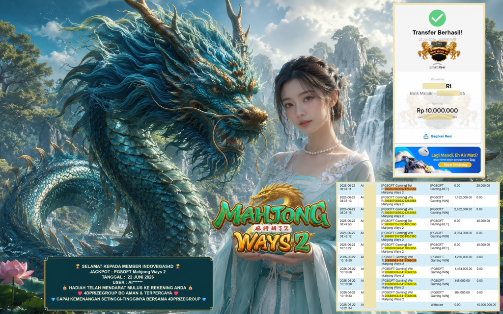 INDOVEGAS4D JACKPOT PGSOFT Gaming ” Mahjong Ways 2 “‎‎‏‏ ‎‎‏‏‎‎‏‏Rp 10.000.000 ,- LUNAS
