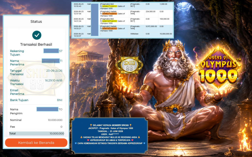 SHIO88 JACKPOT PRAGMATIC ” Gates of Olympus 1000 ” Rp 10.000.000 ,- LUNAS