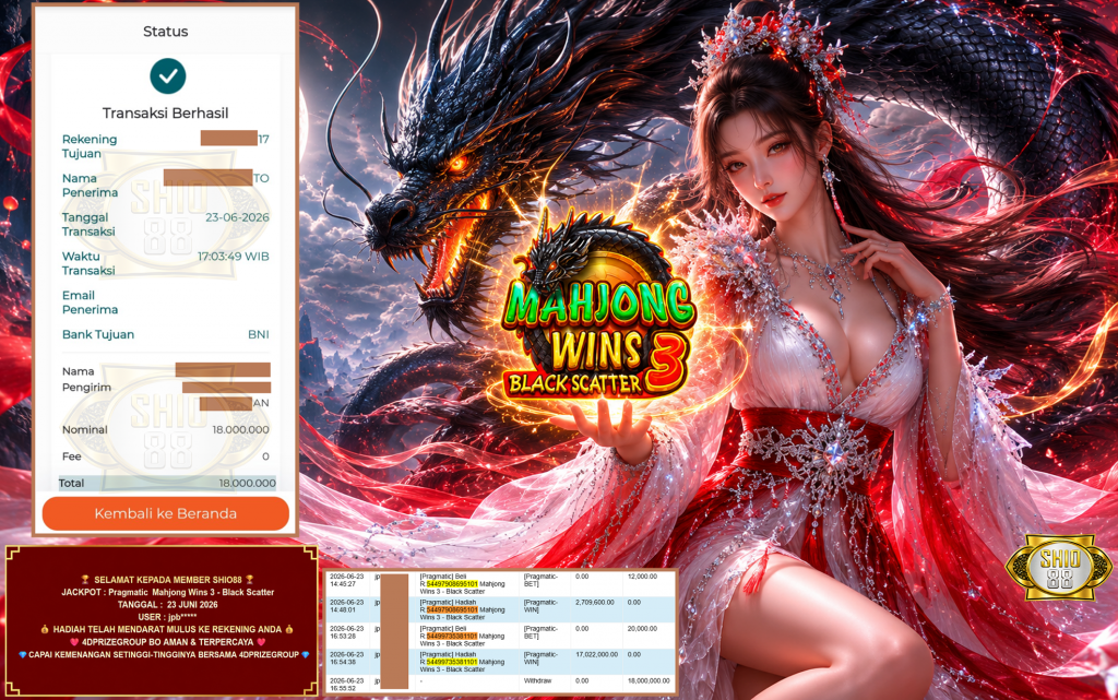 SHIO88 JACKPOT PRAGMATIC ” Mahjong Wins 3 – Black Scatter ” Rp 18.000.000 ,- LUNAS