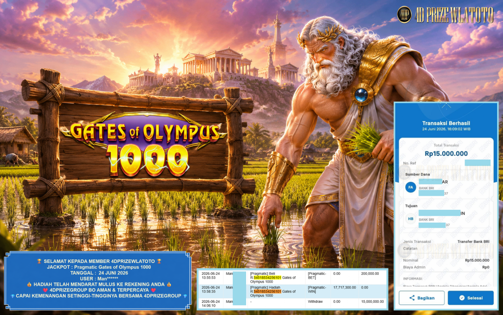 4DPRIZEWLATOTO JACKPOT PRAGMATIC ” Gates of Olympus 1000 ” Rp 15.000.000 ,- LUNAS