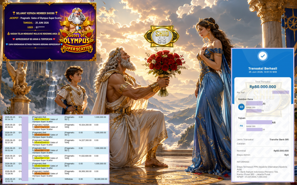 SHIO88 JACKPOT PRAGMATIC ” Gates of Olympus Super Scatter ” Rp 50.000.000 ,- LUNAS