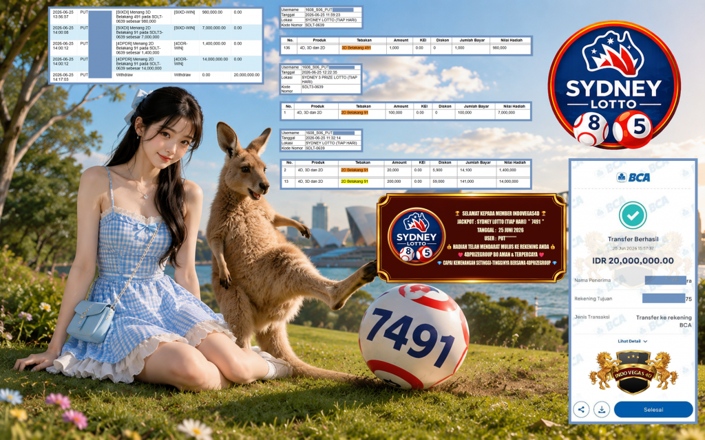 INDOVEGAS4D JACKPOT SYDNEY LOTTO (TIAP HARI) ” 7491 ” Rp. 20.000.000 ,- LUNAS