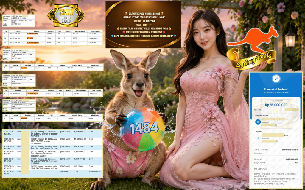 SHIO88 JACKPOT SYDNEY POOLS (TIAP HARI) ” 1484 ” Rp. 25.000.000 ,- LUNAS