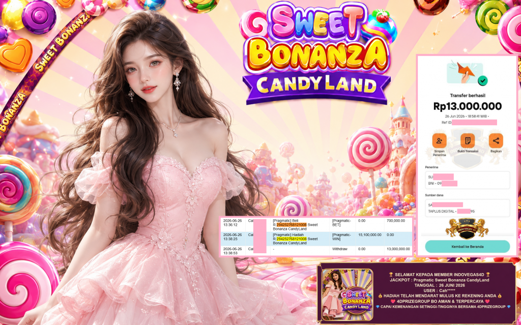 INDOVEGAS4D JACKPOT PRAGMATIC LIVE GAME ” Sweet Bonanza CandyLand ” ‎‏‏‎Rp 13.000.000,- LUNAS