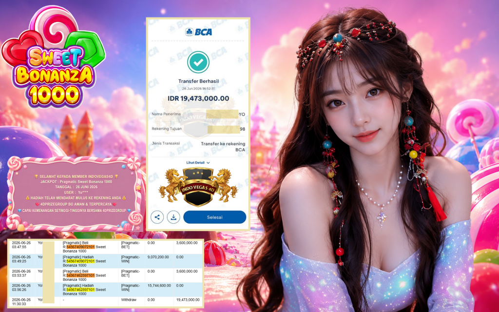 INDOVEGAS4D JACKPOT PRAGMATIC ” Sweet Bonanza 1000 ” Rp 19.473.000 ,- LUNAS