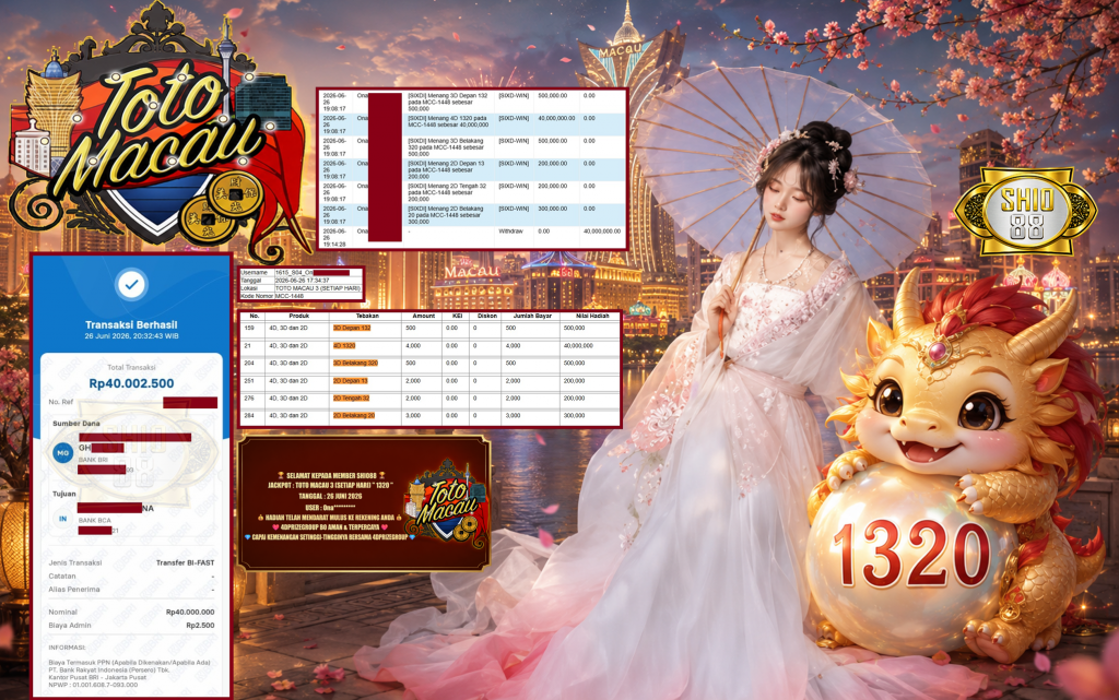 SHIO88 JACKPOT TOTO MACAU 3 (SETIAP HARI) ” 1320 ” Rp. 40.000.000 ,- LUNAS