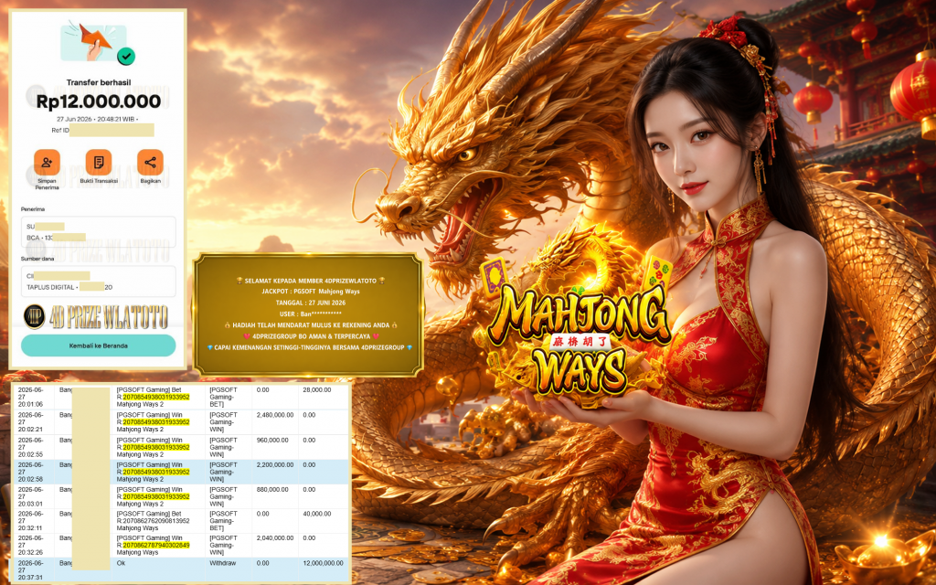 4DPRIZEWLATOTO JACKPOT PGSOFT Gaming ” Mahjong Ways “‎‎‏‏ ‎‎‏‏‎‎‏‏ Rp 12.000.000 ,- LUNAS