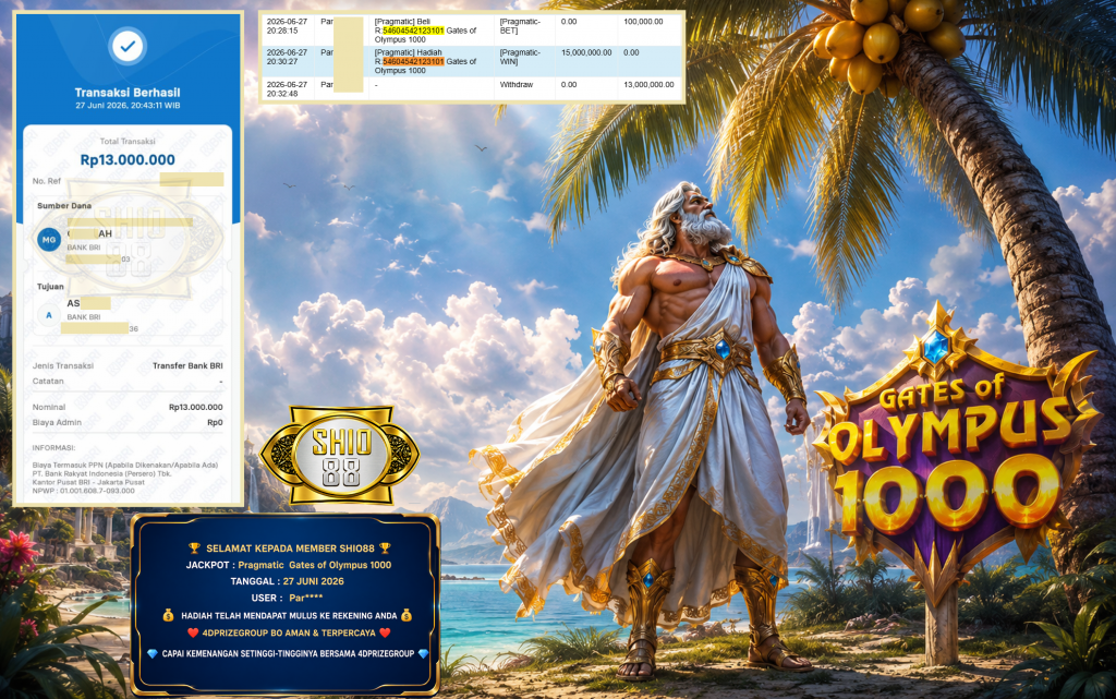 SHIO88 JACKPOT PRAGMATIC ” Gates of Olympus 1000 ” Rp 13.000.000 ,- LUNAS