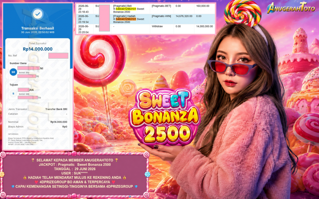ANUGERAHTOTO JACKPOT PRAGMATIC ” Sweet Bonanza 2500 ” Rp 14.000.000 ,- LUNAS