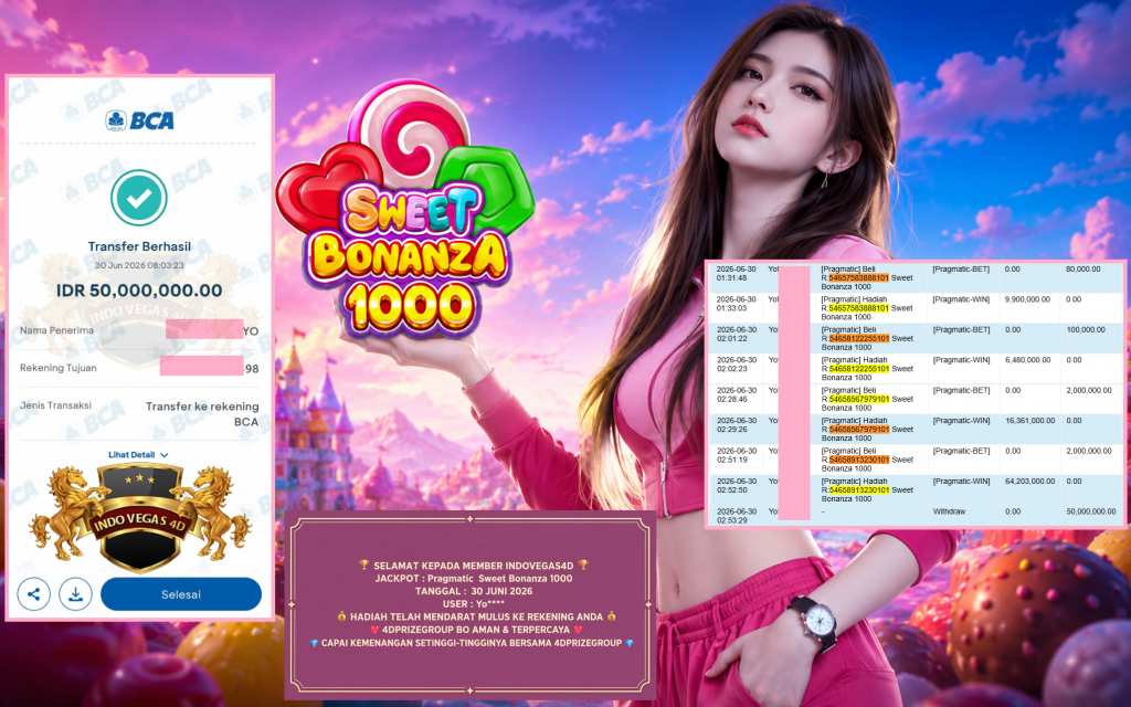 INDOVEGAS4D JACKPOT PRAGMATIC ” Sweet Bonanza 1000 ” Rp 50.000.000 ,- LUNAS