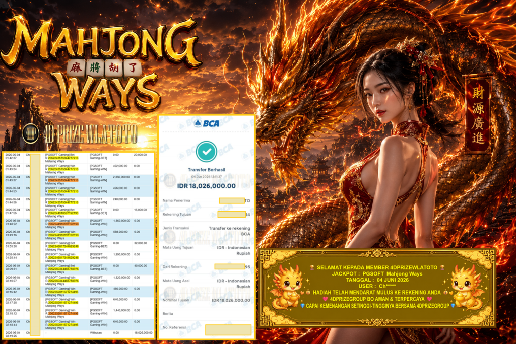 4DPRIZEWLATOTO JACKPOT PGSOFT Gaming β Mahjong Ways βββββ ββββββββRp 18.026.000 ,- LUNAS