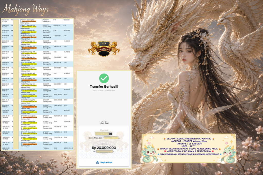 INDOVEGAS4D JACKPOT PGSOFT Gaming ” Mahjong Ways “ Rp 20.000.000 ,- LUNAS