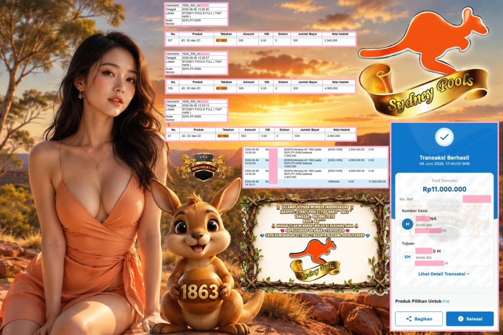 INDOVEGAS4D JACKPOT SYDNEY POOLS (TIAP HARI) β 1863 β Rp 11.000.000,- LUNAS