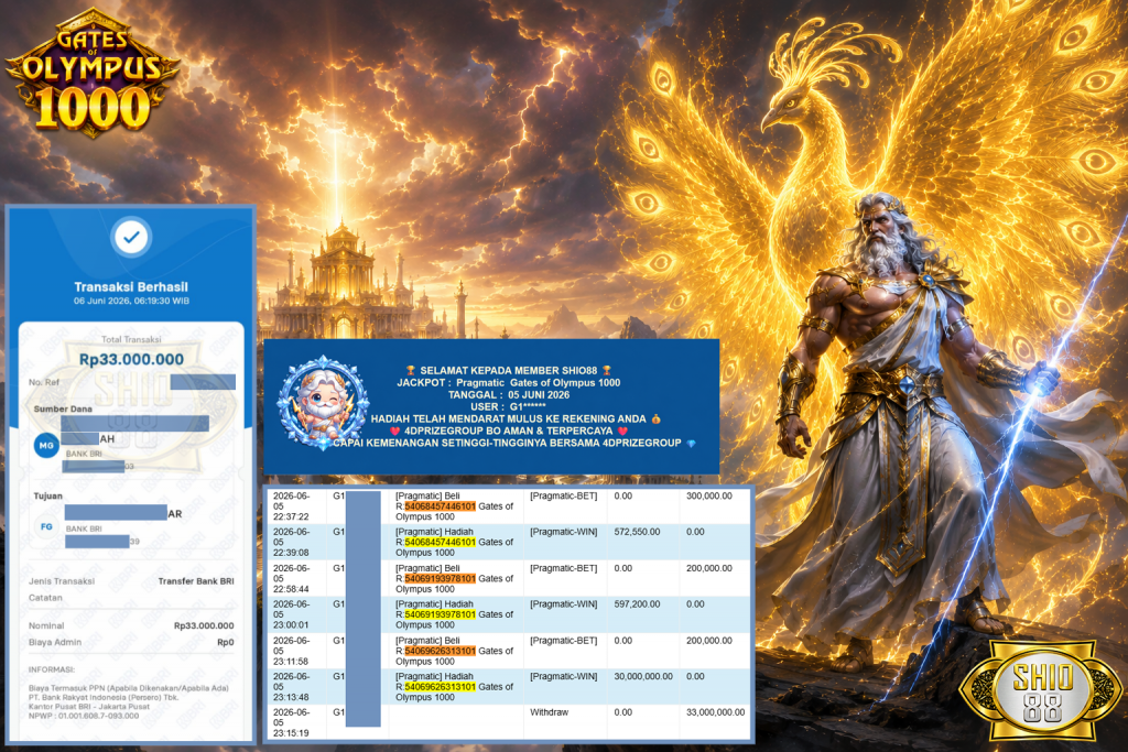 SHIO88 JACKPOT PRAGMATIC β Gates of Olympus 1000 β Rp 33.000.000,- LUNAS