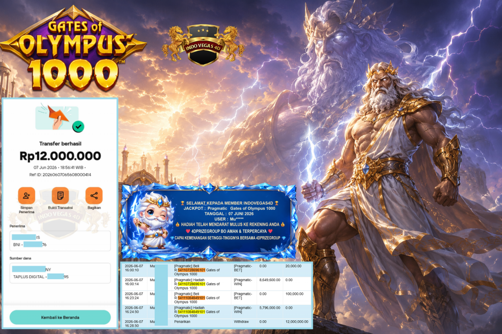 INDOVEGAS4D JACKPOT PRAGMATIC ” Gates of Olympus 1000 ” Rp 12.000.000,- LUNAS