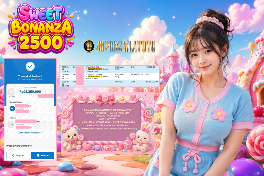 4DPRIZEWLATOTO JACKPOT PRAGMATIC ” Sweet Bonanza 2500 ” Rp 21.250.000,- LUNAS