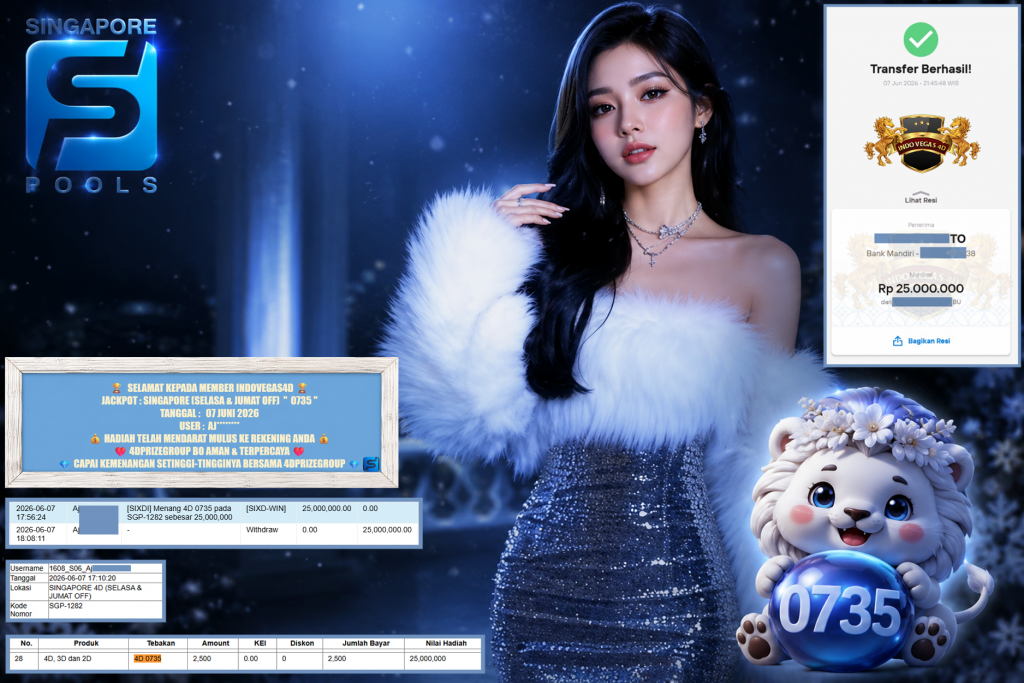 INDOVEGAS4D JACKPOT SINGAPORE (SELASA & JUMAT OFF) β 0735 β Rp 25.000.000,- LUNAS