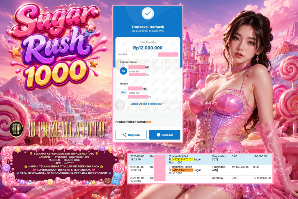4DPRIZEWLATOTO JACKPOT PRAGMATIC β Sugar Rush 1000 β Rp 12.000.000,- LUNAS