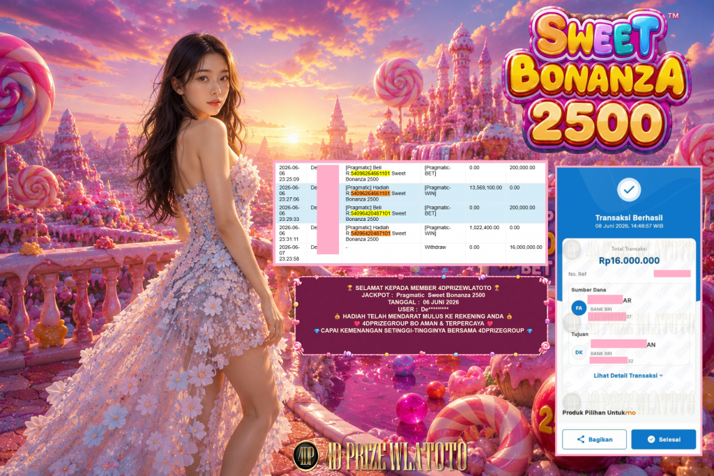 4DPRIZEWLATOTO JACKPOT PRAGMATIC ” Sweet Bonanza 2500 ” Rp 16.000.000,- LUNAS