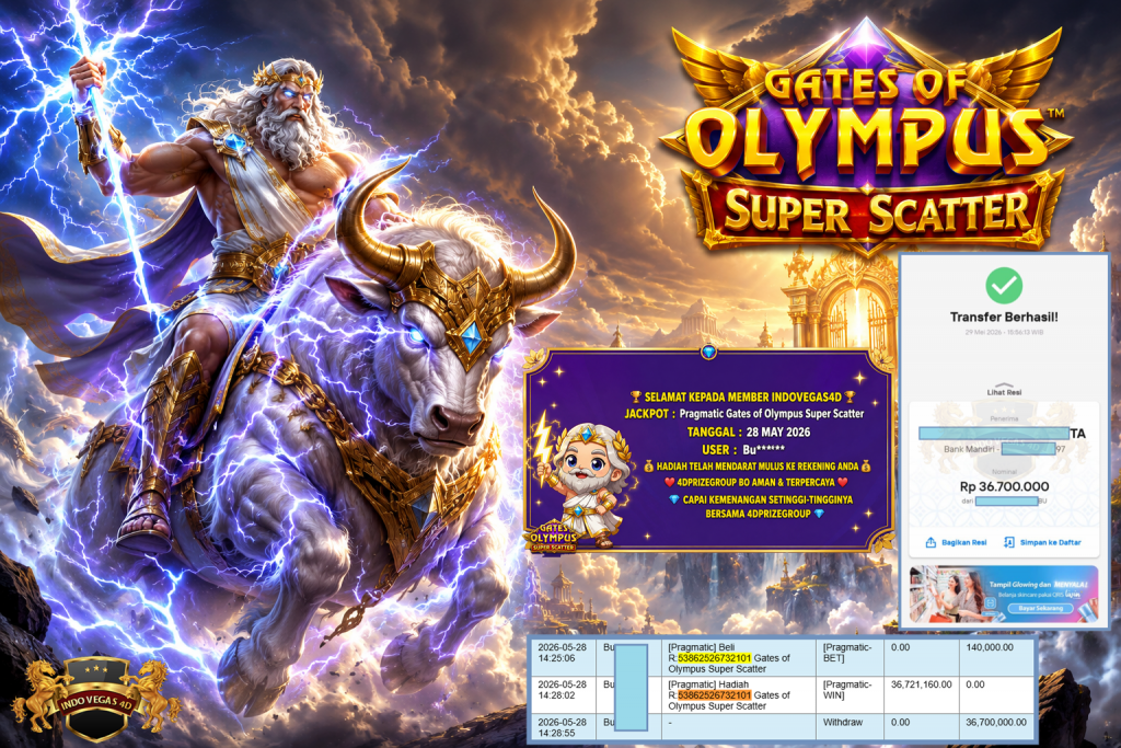 INDOVEGAS4D JACKPOT PRAGMATIC ” Gates of Olympus Super Scatter ” Rp 36.700.000,- LUNAS