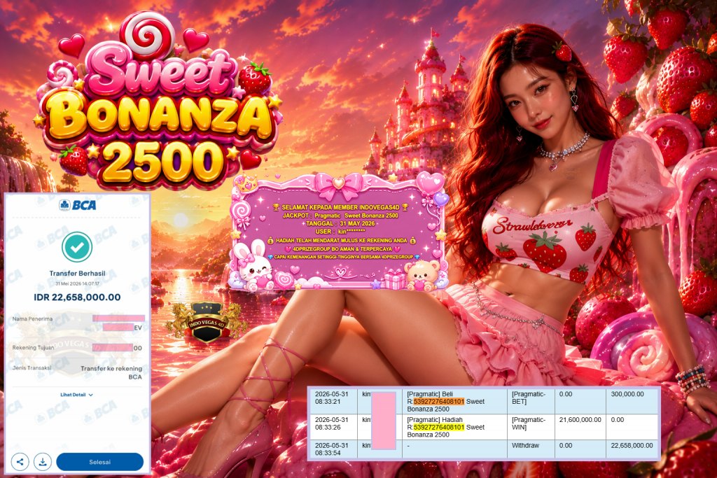 INDOVEGAS4D JACKPOT PRAGMATIC ” Sweet Bonanza 2500 ” Rp 22.658.000,- LUNAS