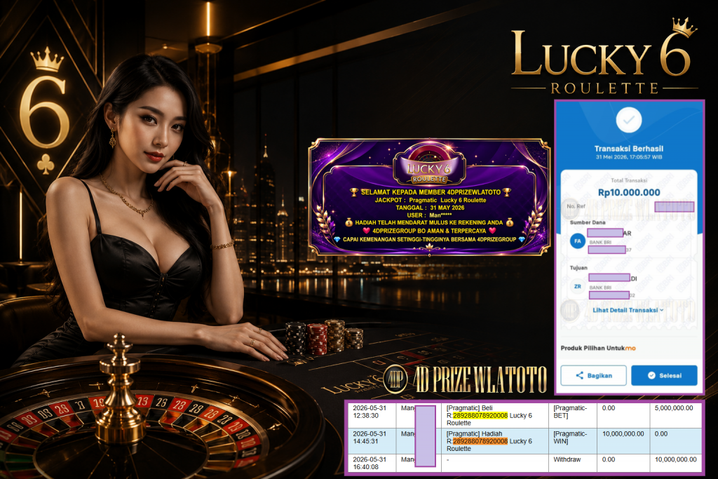 4DPRIZEWLATOTO JACKPOT PRAGMATIC LIVE GAME ” Lucky 6 Roulette ” ‎‏‏‎Rp 10.000.000,- LUNAS