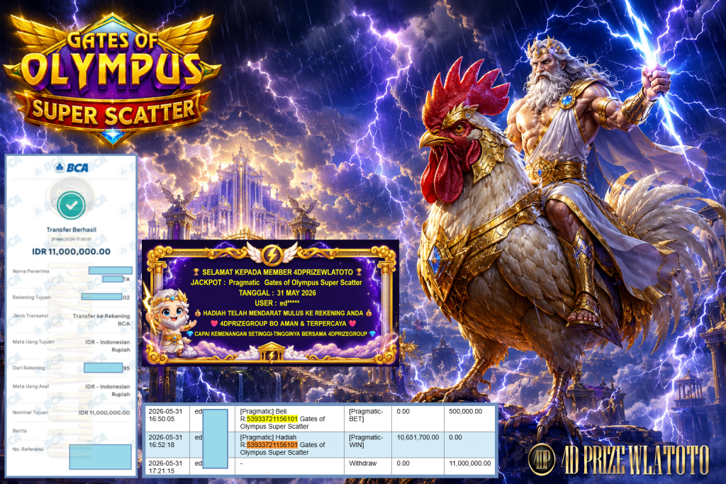 4DPRIZEWLATOTO JACKPOT PRAGMATIC “Gates of Olympus Super Scatter ” Rp 11.000.000,- LUNAS