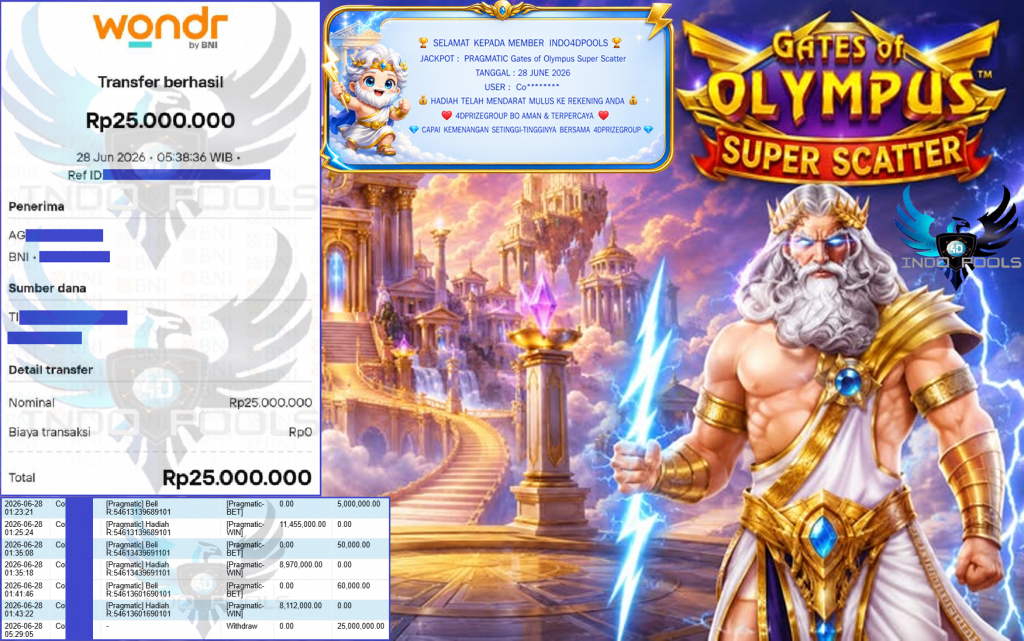 INDO4DPOOLS JACKPOT PRAGMATIC ” Gates of Olympus Super Scatter ” Rp 25,000,000,- LUNAS