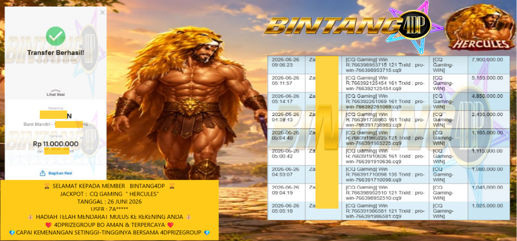 BINTANG4DP JACKPOT CQ GAMING ” HERCULES” Rp11.000.000,- LUNAS