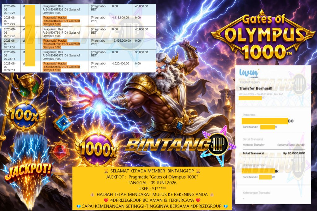 BINTANG4DP JACKPOT Pragmatic βGates of Olympus 1000β Rp20.000.000,- LUNAS