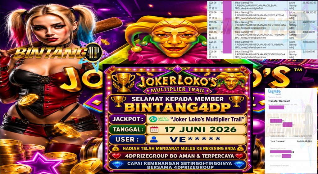 BINTANG4DP JACKPOT MICRO GAMING βJoker Lokoβs Multiplier Trailβ Rp50.000.000,- LUNAS