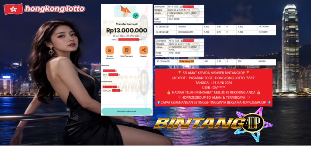 BINTANG4DP JACKPOT TOGEL HONGKONG LOTTO “5565” Rp13.000.000,- LUNAS