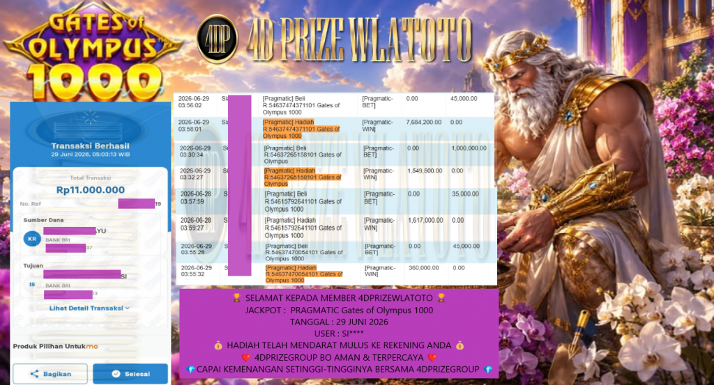 4DPRIZEWLATOTO JACKPOT PRAGMATIC “Gates of Olympus 1000” Rp 11.000.000 ,- LUNAS