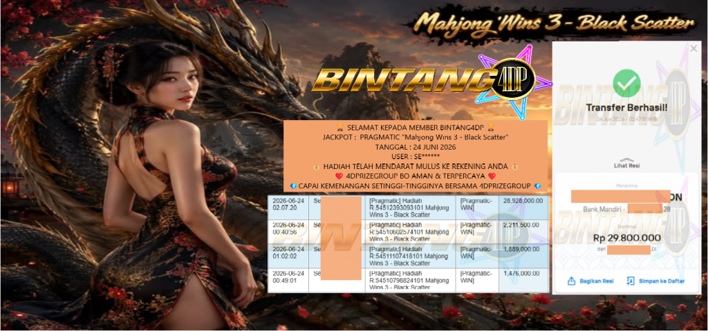 BINTANG4DP JACKPOT PRAGMATIC “Mahjong Wins 3 – Black Scatter” Rp29.800.000,- LUNAS