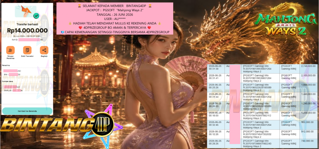 BINTANG4DP JACKPOT PGSOFT “Mahjong Ways 2” Rp14.000.000,- LUNAS