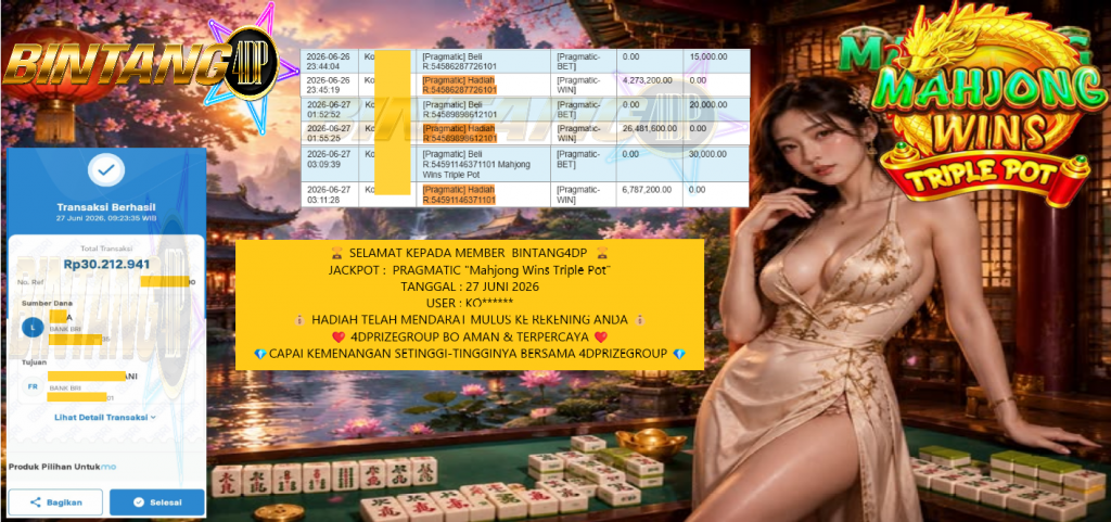 BINTANG4DP JACKPOT PRAGMATIC “Mahjong Wins Triple Pot” Rp30.212.941,- LUNAS