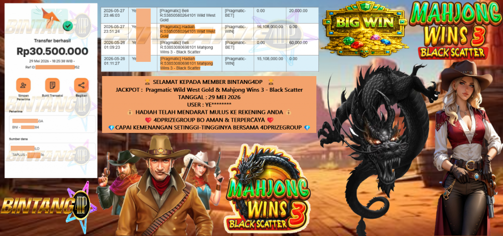 BINTANG4DP JACKPOT Pragmatic“Wild West Gold & Mahjong Wins 3 – Black Scatter″‎‎‏‏ ‎‎‏‏‎‎‏‏Rp30.500.000,- LUNAS