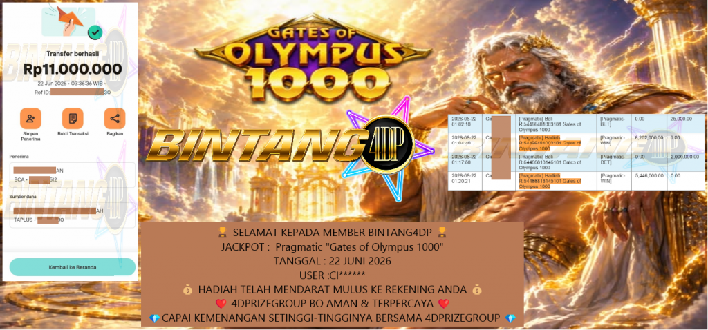 BINTANG4DP JACKPOT Pragmatic “Gates of Olympus 1000” Rp11.000.000,- LUNAS