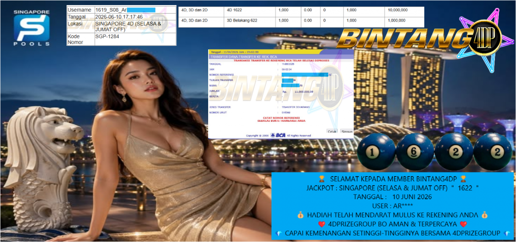 BINTANG4DP JACKPOT PASARAN ” SINGAPORE POOLS (SELASA & JUMAT OFF) ”1622” ” Rp 11,000,000,- LUNAS