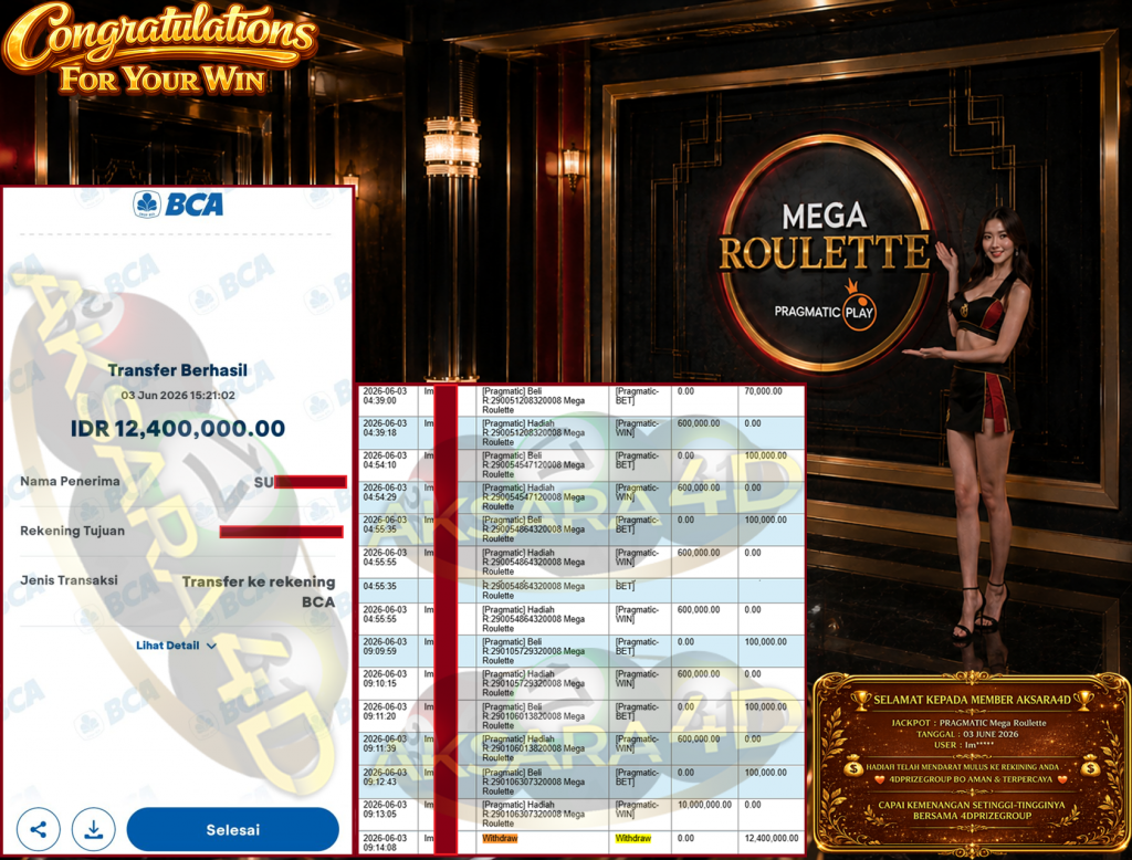 AKSARA4D JACKPOT PRAGMATIC ” Mega Roulette ” Rp 12,400,000,- LUNAS